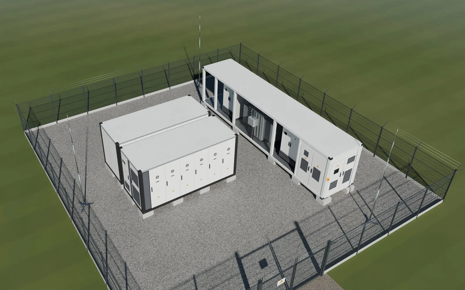 3D vizualizace bateriového úložiště s transformační stanicí a hromosvodem