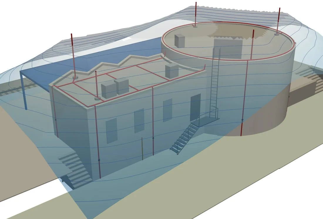 Visualisation of a lightning protection system on a hall roof