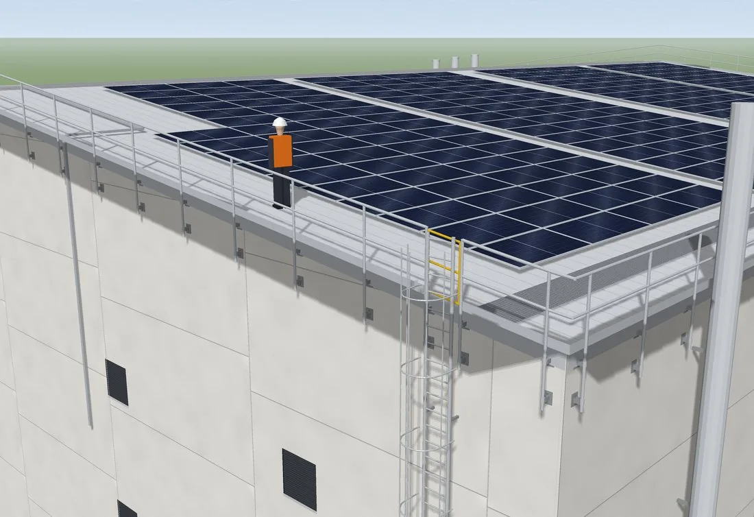 3D vizualizace detailu střechy s panely a zábradlím